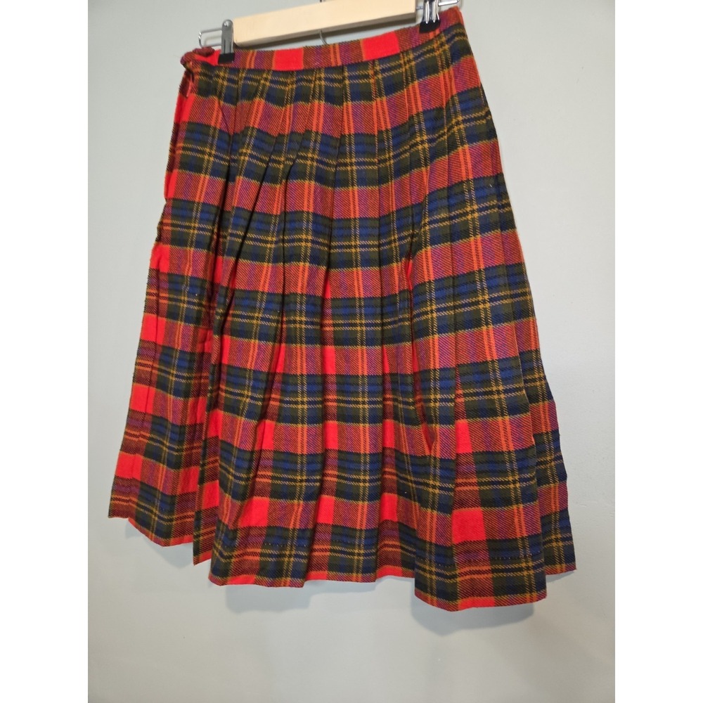 Vintage ILGWU Plaid Pleated Kilt Skirt Red Blue Wool Academic Midi Womens Small - Picture 4 of 5